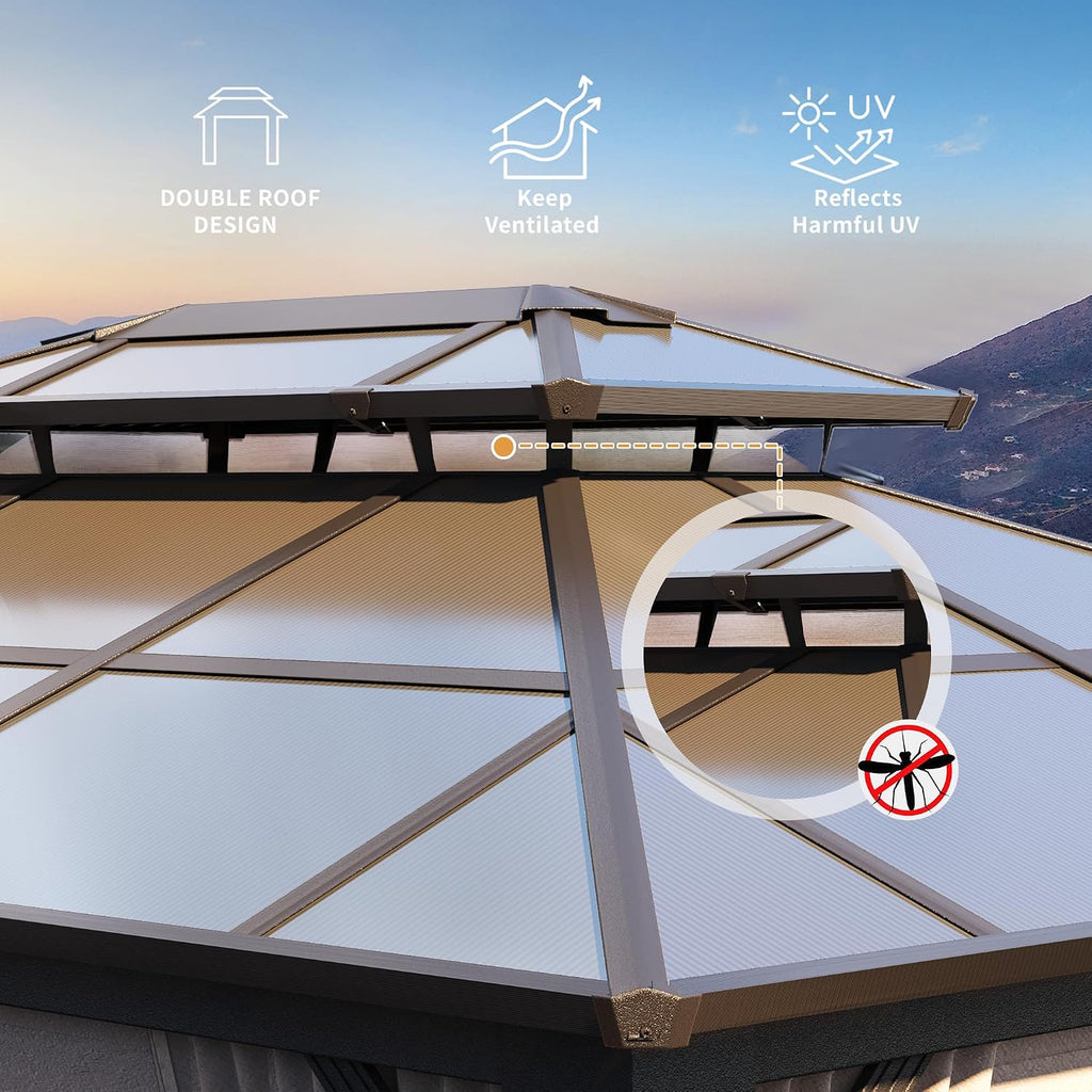 YOLENY 10x13 Gazebo with Double Polycarbonate Roof & Aluminum Frame