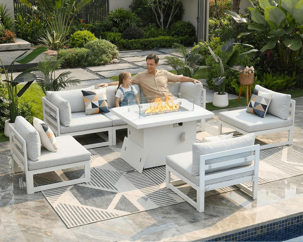 BULEXYARD 7 Piece Aluminum Patio Furniture Set with Fire Pit Table, White