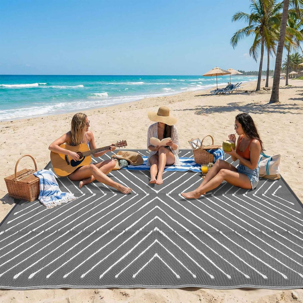 Garvee 8x10 Outdoor Patio Carpet Reversible Waterproof, Large Portable RV Camping Rug for Deck, Porch, Backyard, Balcony, Beach, Grey&White Outdoor Mat
