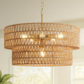 23.6" Boho Rattan Chandelier, 6-Light Large Rattan Pendant Light