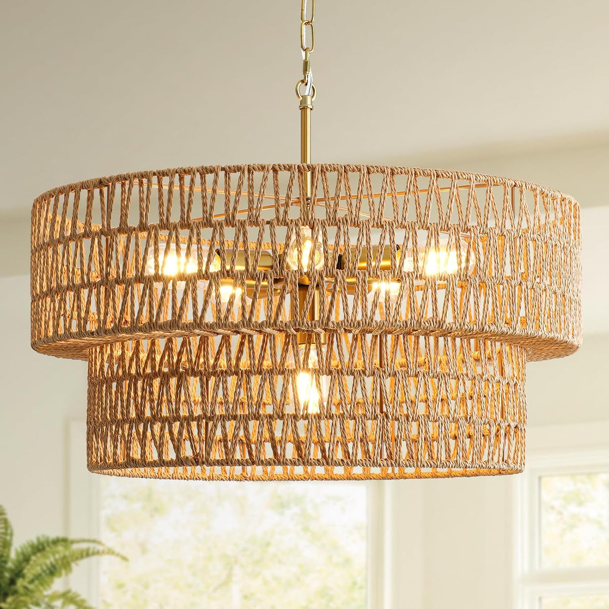 23.6" Boho Rattan Chandelier, 6-Light Large Rattan Pendant Light