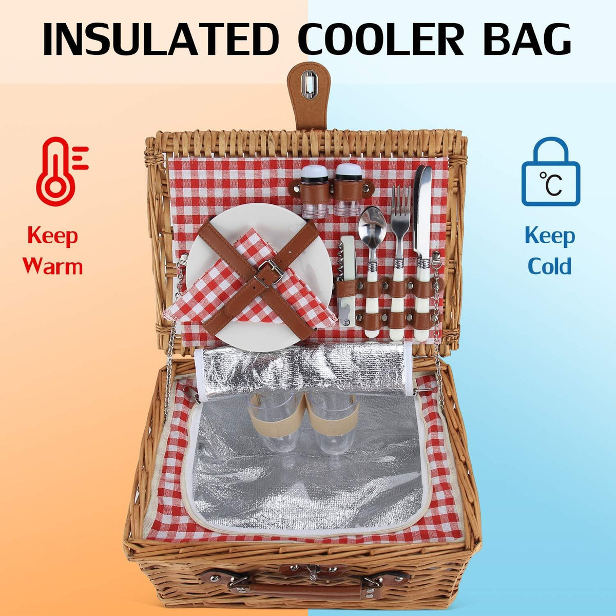 Wicker Picnic Basket for 2, Insulated Picnic Basket - Red Check