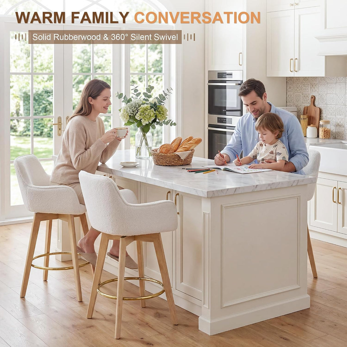 ONEVOG Boucle 26" Counter Height Bar Stools Set of 4, Swivel Modern Kitchen Island Tall Chairs with Back, Arm, Footrest and Wooden Legs, Sherpa Fabric Upholstered Barstools for Pub/Dining Room, White