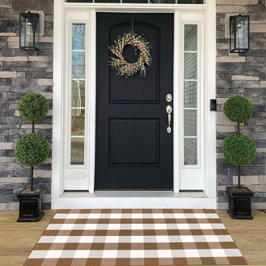 Fall Door Mat 3'x5'Brown and White Buffalo Plaid Rug Fall Front Porch Decor