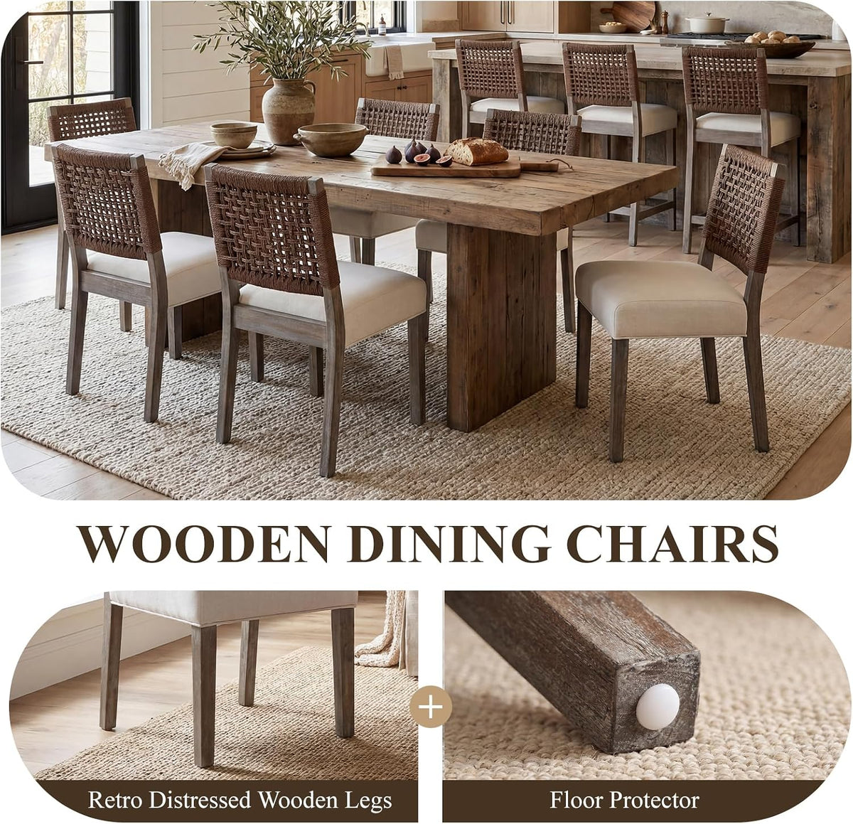 chairus upholstered Dining Chairs Set of 4, Boho Coastal Dining Room Chairs with Brown Walnut Woven Rope Back Gray-Brown Washed Wood Leg Modern Farmhouse Wooden Kitchen Side Chairs, Beige Linen Seat