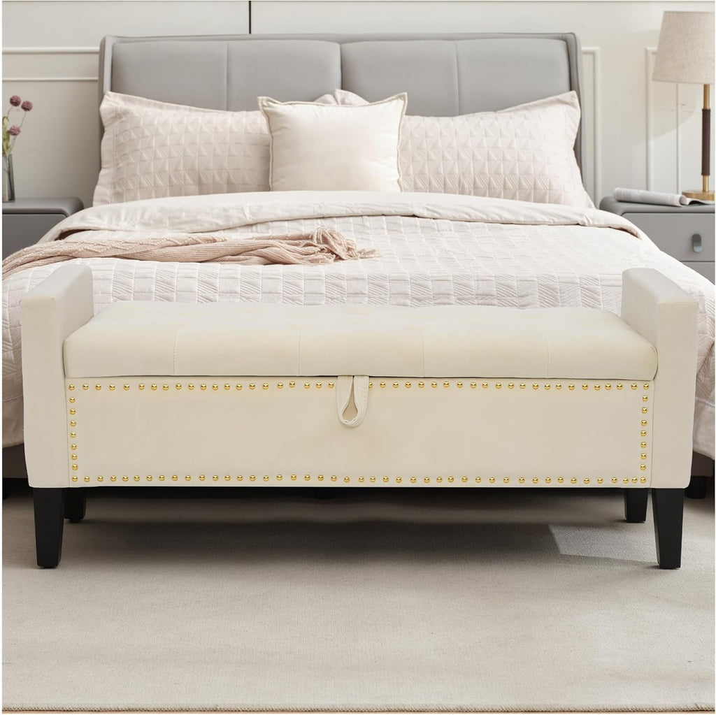 Storage Ottoman Bench, Velvet Upholstered Footstool, Beige