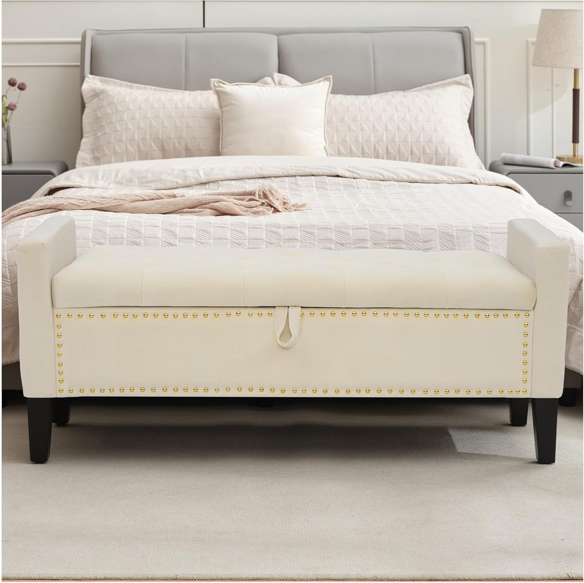 Storage Ottoman Bench, Velvet Upholstered Footstool, Beige