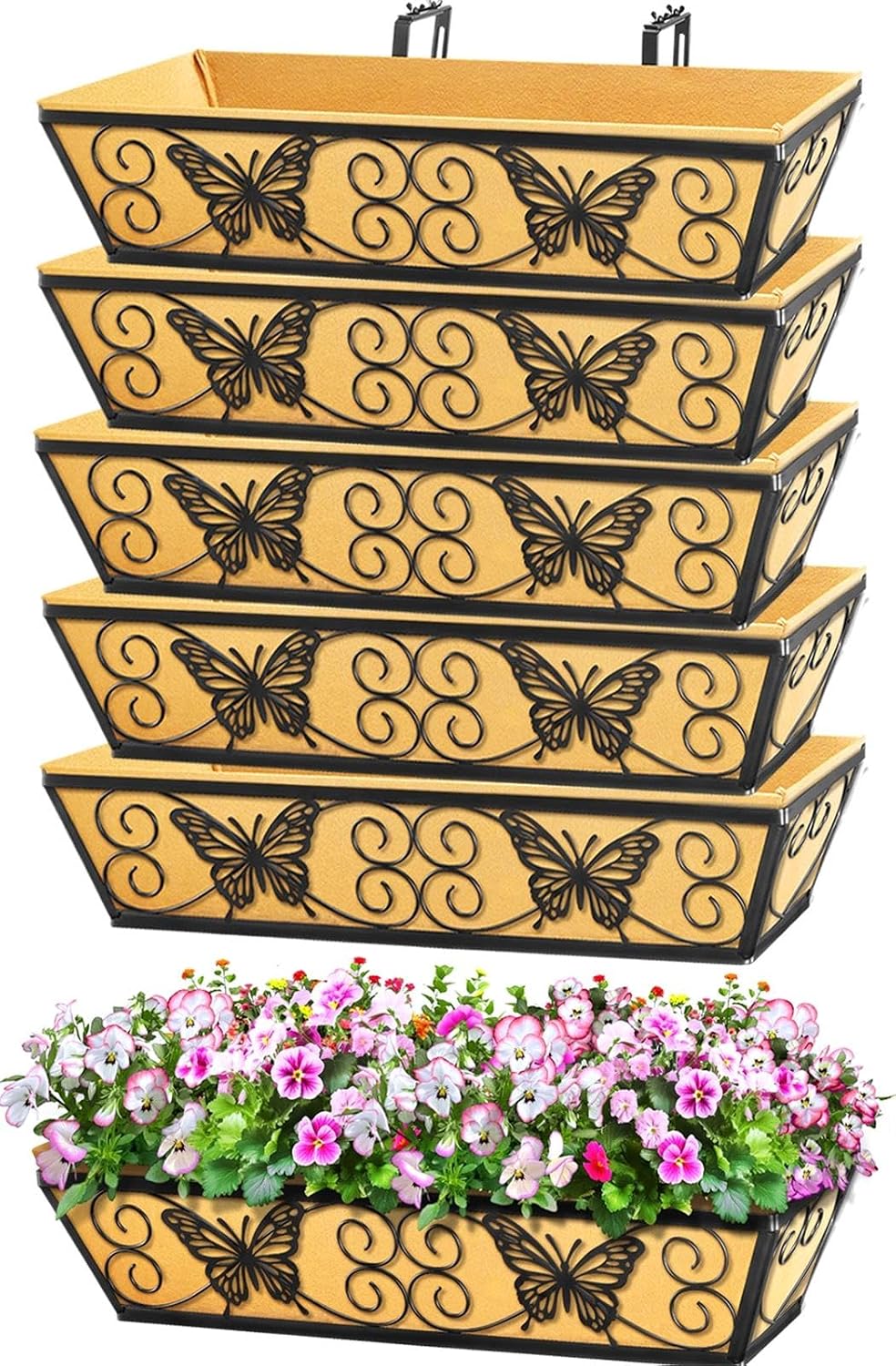 6 Pack 24 Inch Window Boxes Planters Railing Planter Box with Adjustable Brackets for Porch Fence Patio Balcony Hanging Flower Baskets with Woven Fabric for Outdoor Garden Decor - Black