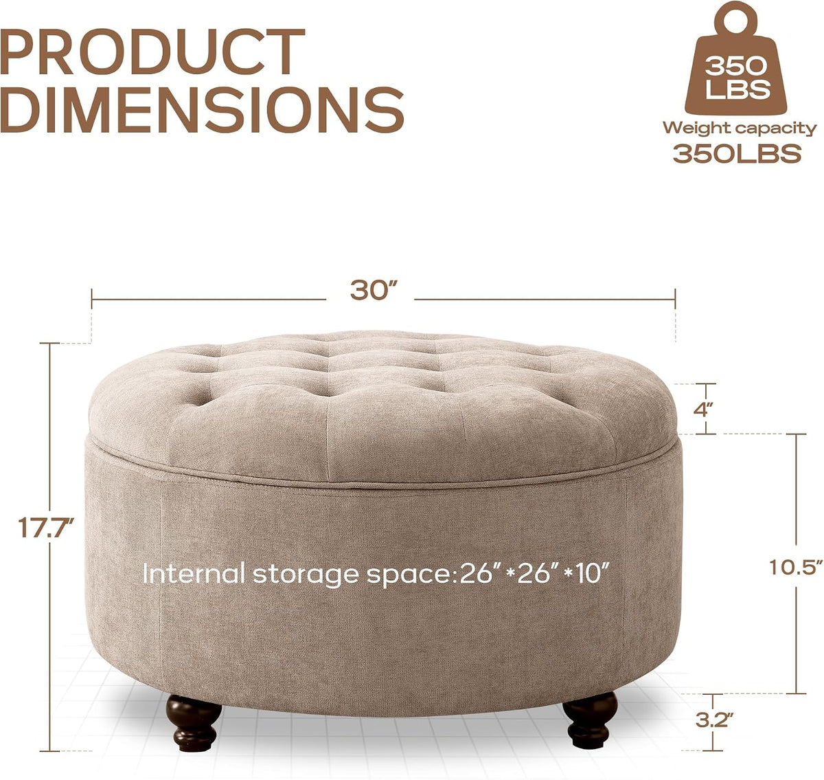 HUIMO 30-Inch Round Storage Ottoman, Button Tufted Coffee Table(Brown)