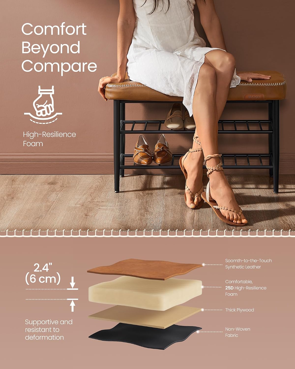 VASAGLE Shoe Bench, Synthetic Leather with Stitching, Loads 300 lb