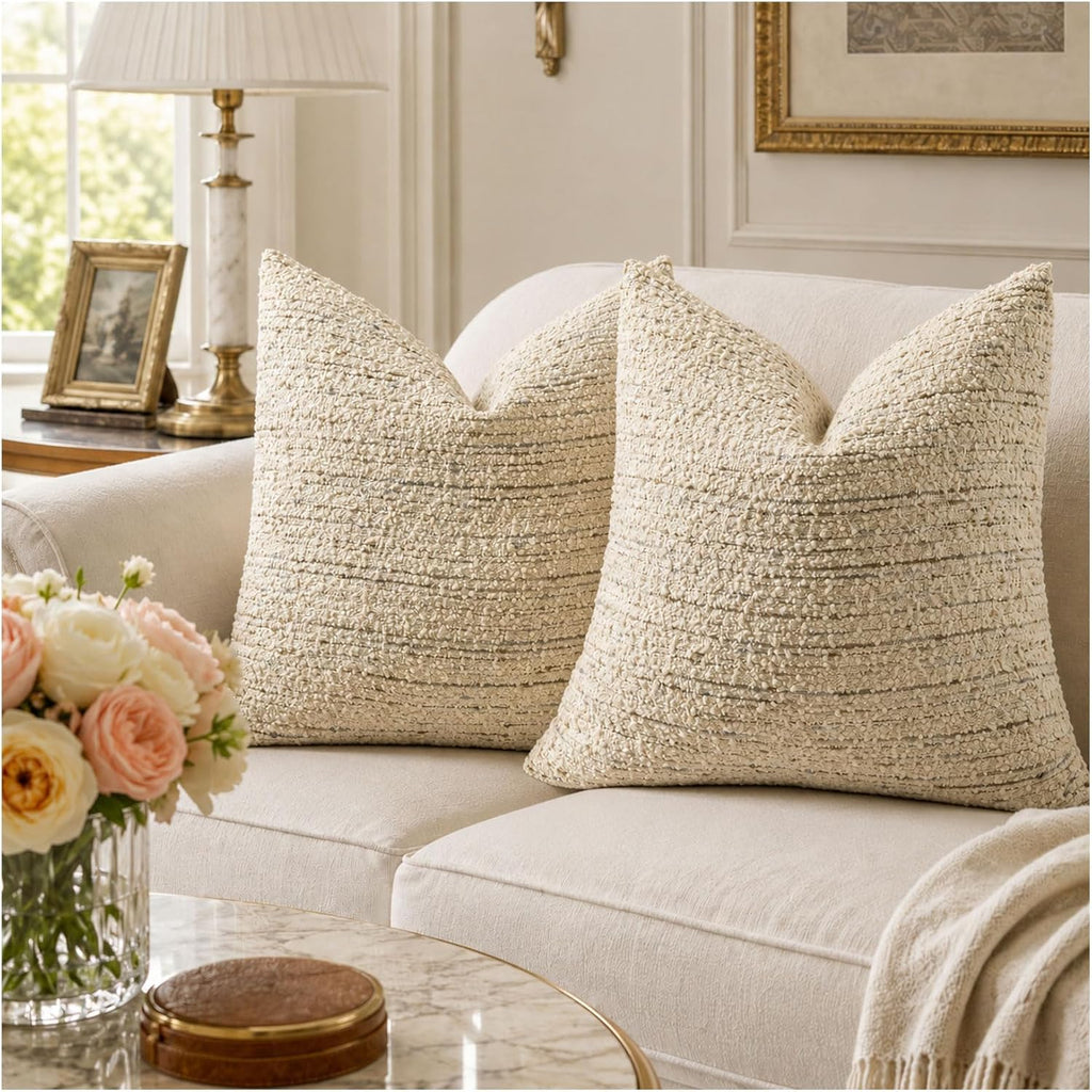 Zealax Neutral Throw Decorative Boucle Pillow Covers for Bed Couch Living Room, Striped Textured Luxury Accent Pillow Cases Square Cushion Covers Set of 2, 22x22 Inch, Cream