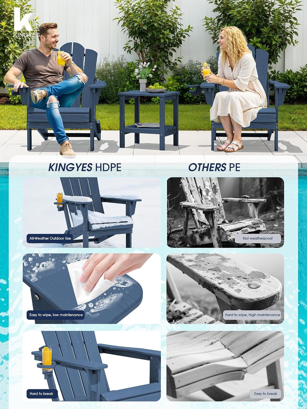 KINGYES Adjustable Adirondack Chairs Set of 2, Folding Outdoor Chair, Blue