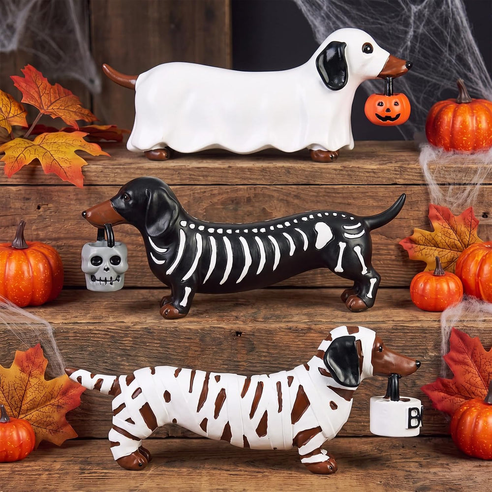Pinkunn 3 Pcs Cute Dachshund Halloween Decor Resin Ghost Dog Table Figurine