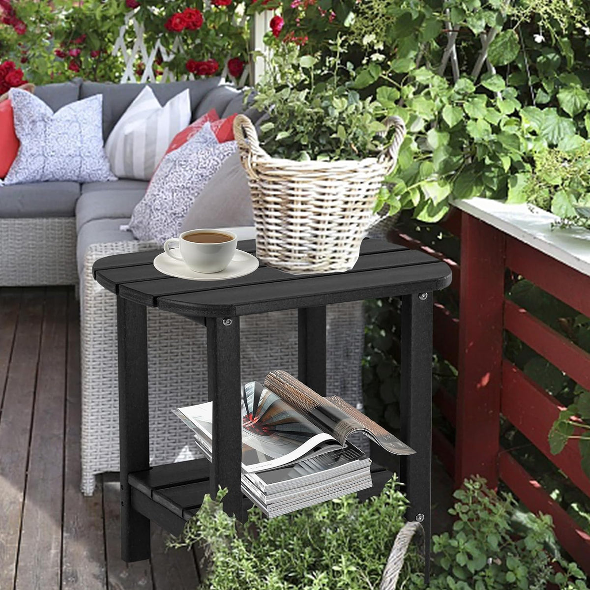 LZRS Double Adirondack Side Table, Outdoor Side Tables, End Tables for Patio, Backyard,Pool, Indoor Companion, Easy Maintenance & Weather Resistant(Black)