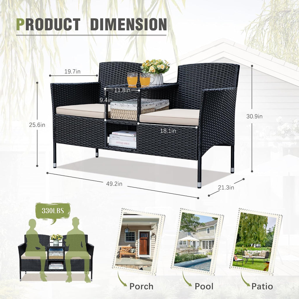 Greesum Patio Loveseat Outdoor Wicker Furniture Conversation Set,Beige