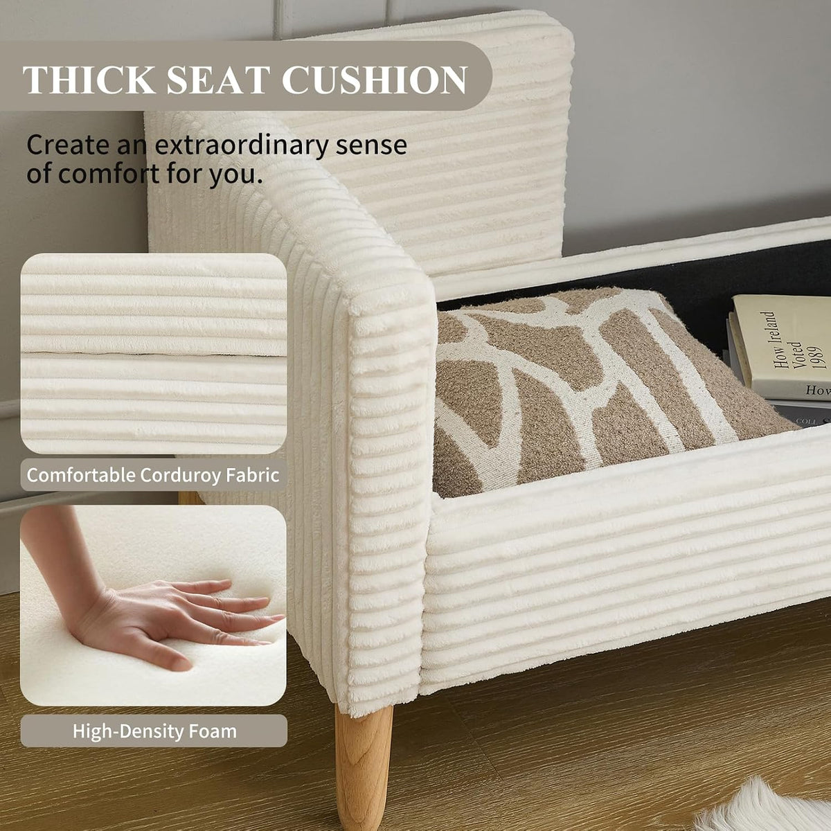 NIOIIKIT 65" Corduroy Upholstered Storage Ottoman Bench with Pillows White