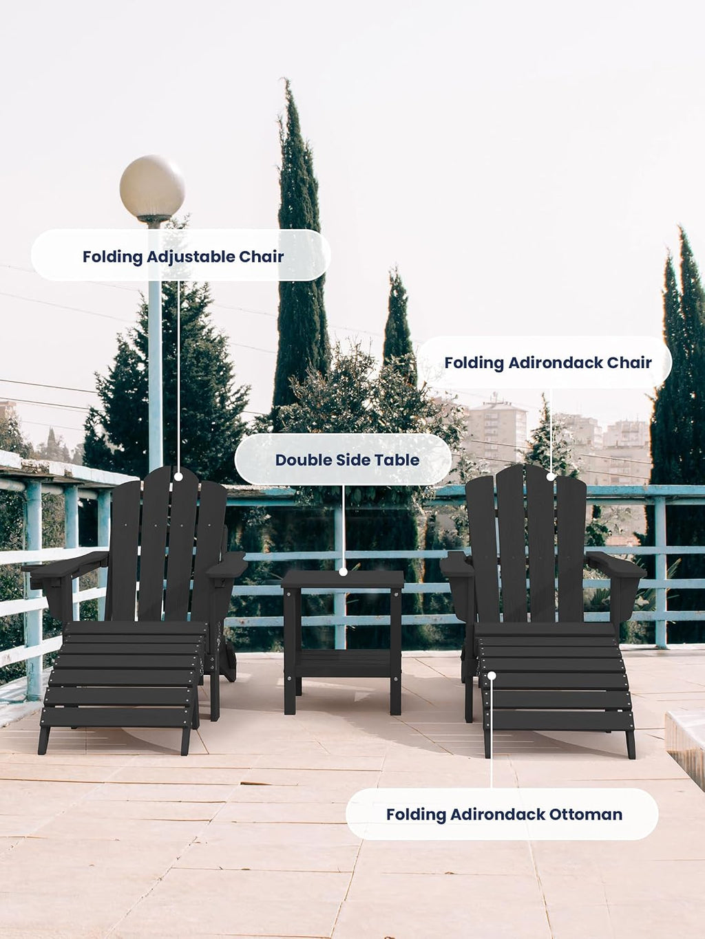 KINGYES Folding Adirondack Ottomans Set of 2 for Adirondack Chair, Black
