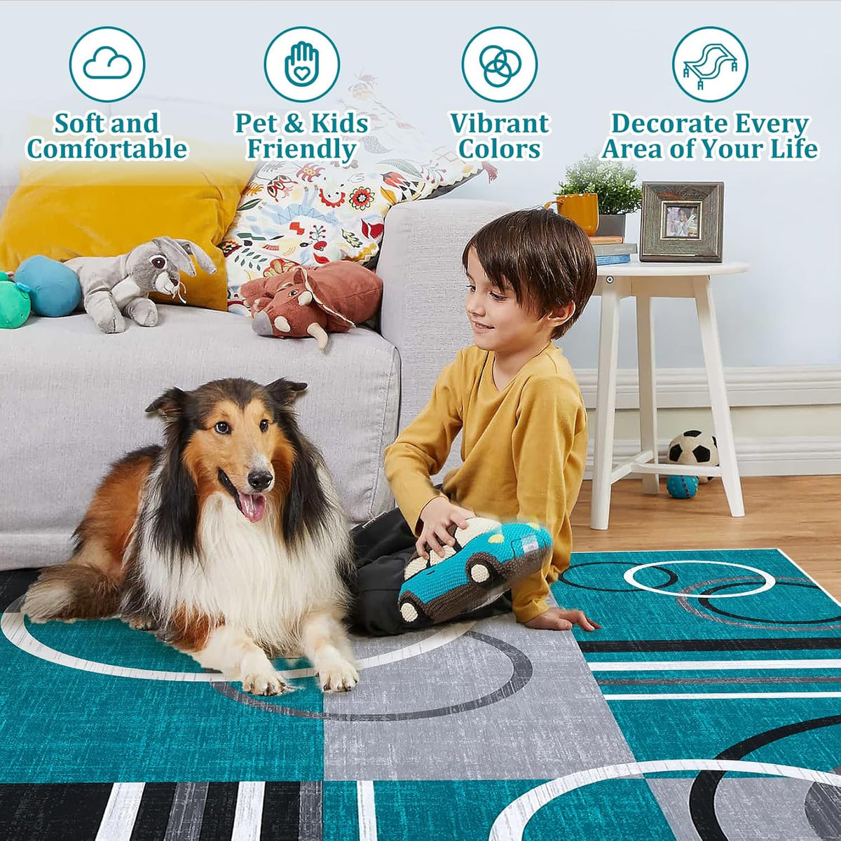 RUGSREAL 9x12 Washable Rugs Abstract Circles Rug Low Pile Throw Carpet