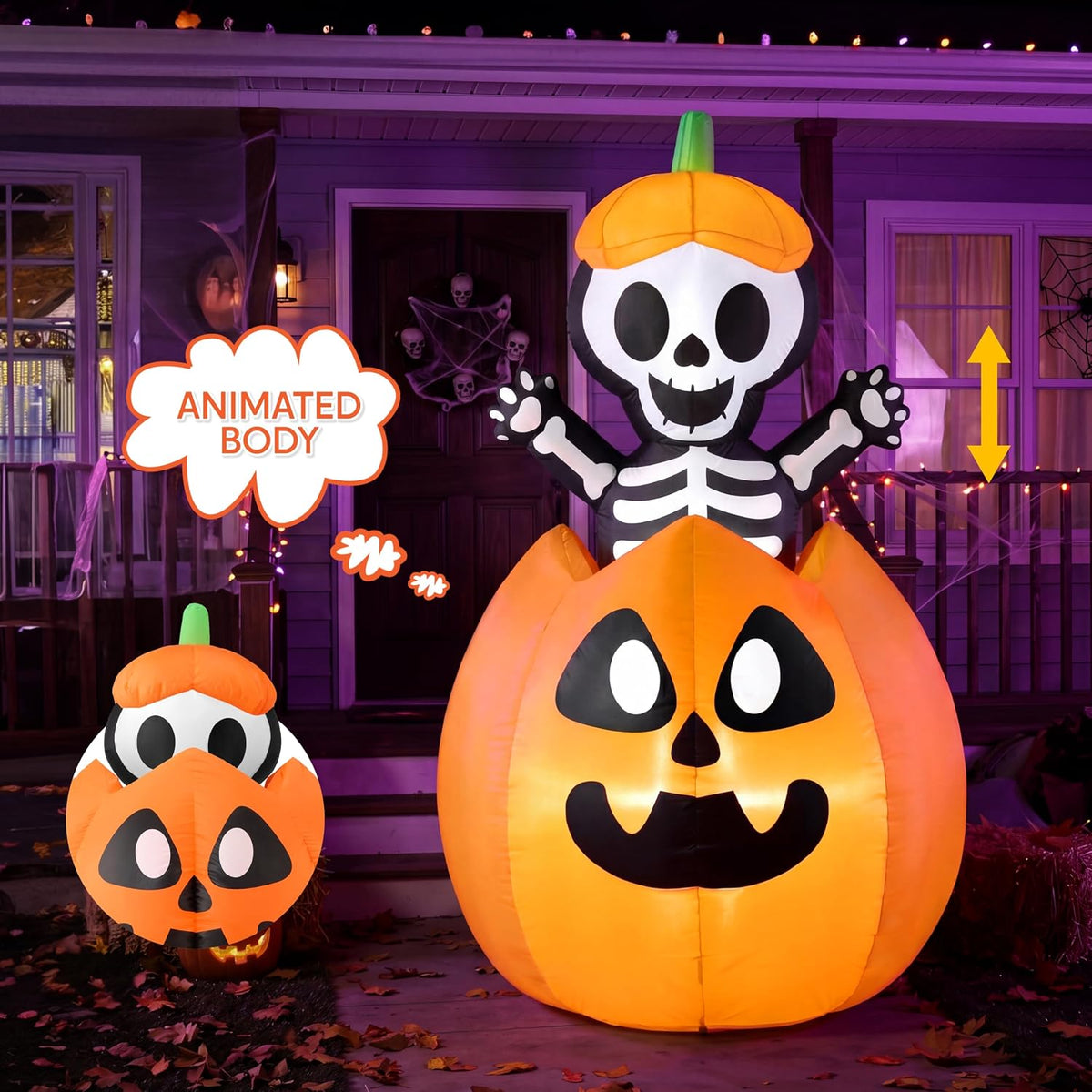 Joiedomi 5FT Halloween Animated Inflatables Outdoor Decorations, Inflatable Skeleton On Pumpkin with LEDs, Cute Blow Up Pumpkin Skeleton Decor for Outside Yard Indoor Lawn Garden Party Decoration