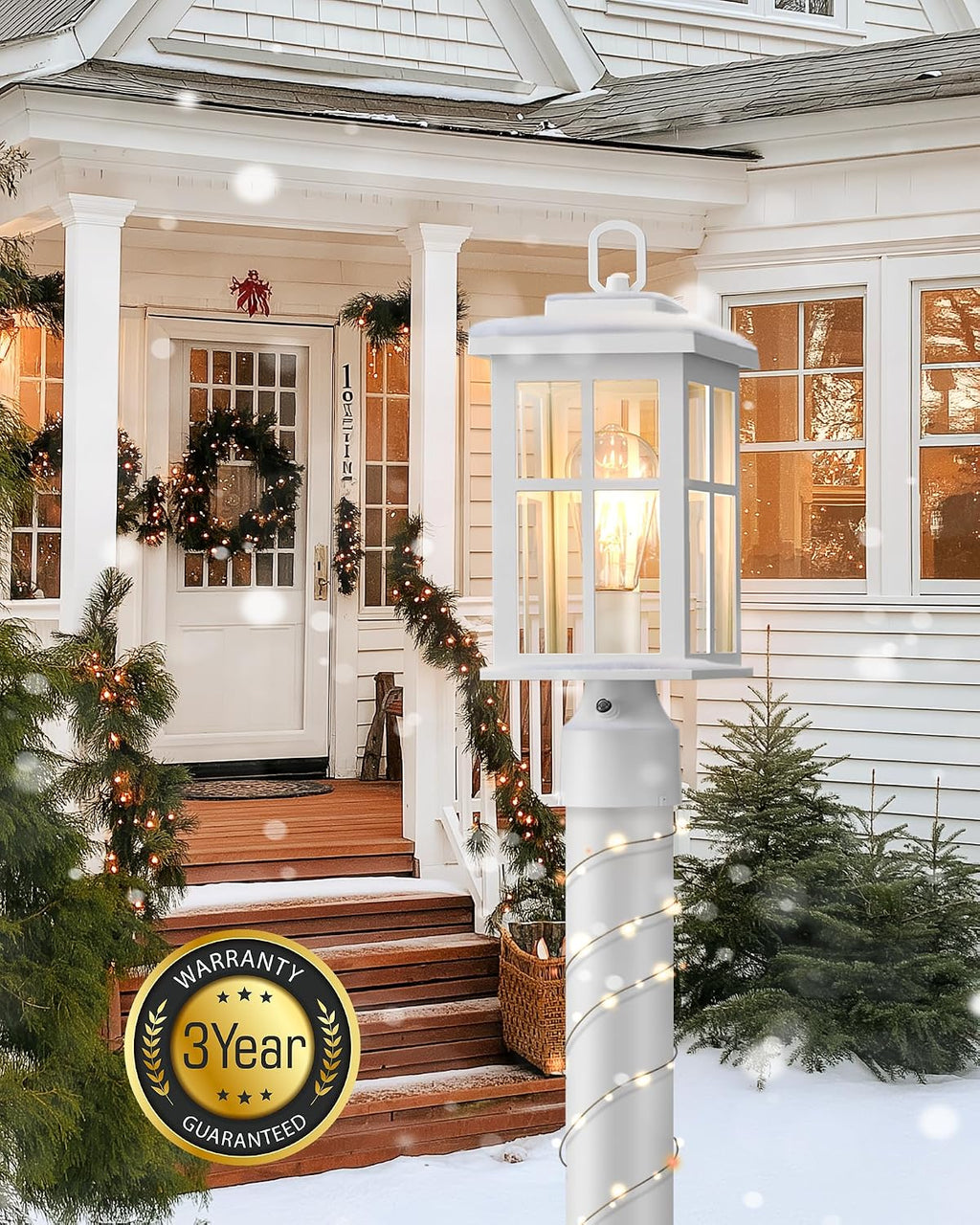 Dusk to Dawn Outdoor Post Lights, White Post Lights Outdoor with Pier Mount Base, Waterproof Lamp Posts Outdoor Lighting with Tempered Glass for Garden, Porch(Hardwired 120V, Not Solar)