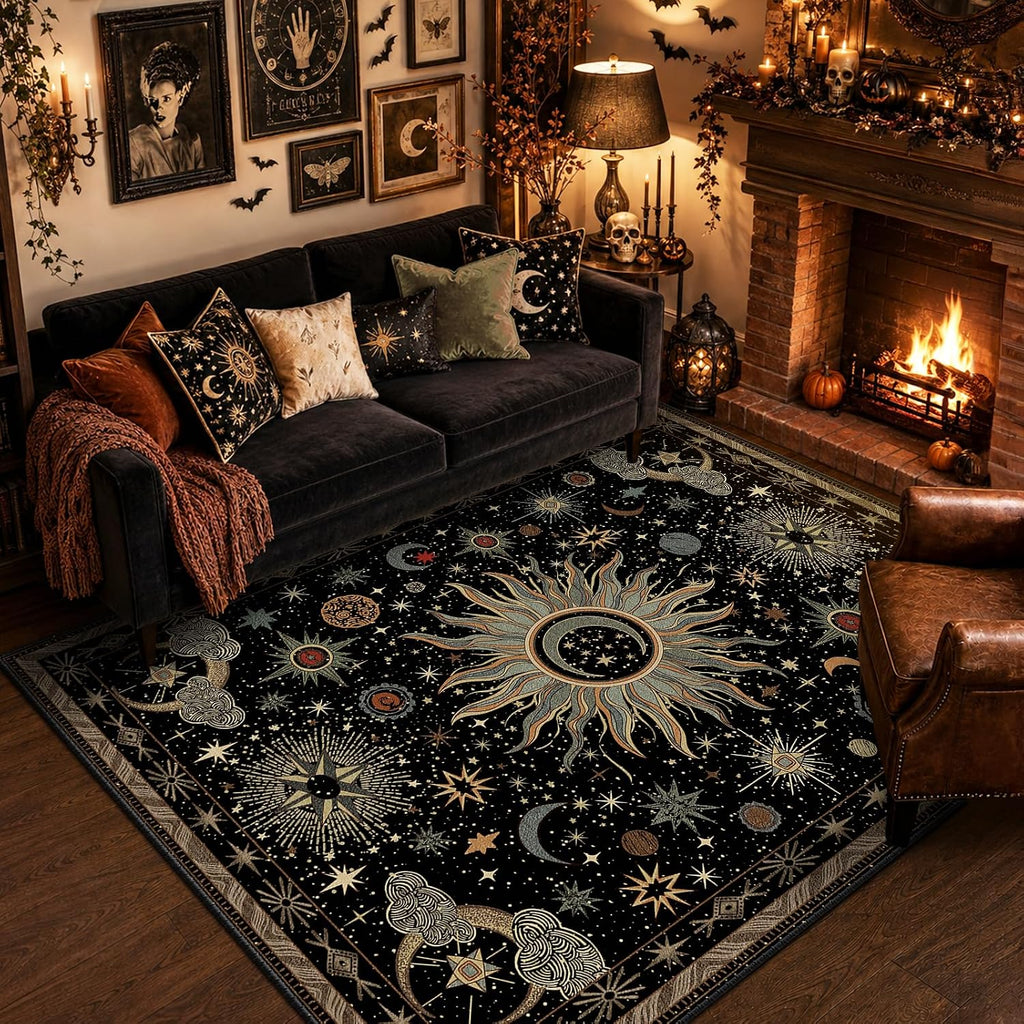 Vacuum-Friendly, 5x7 Washable Area Rug, Black Green Beige