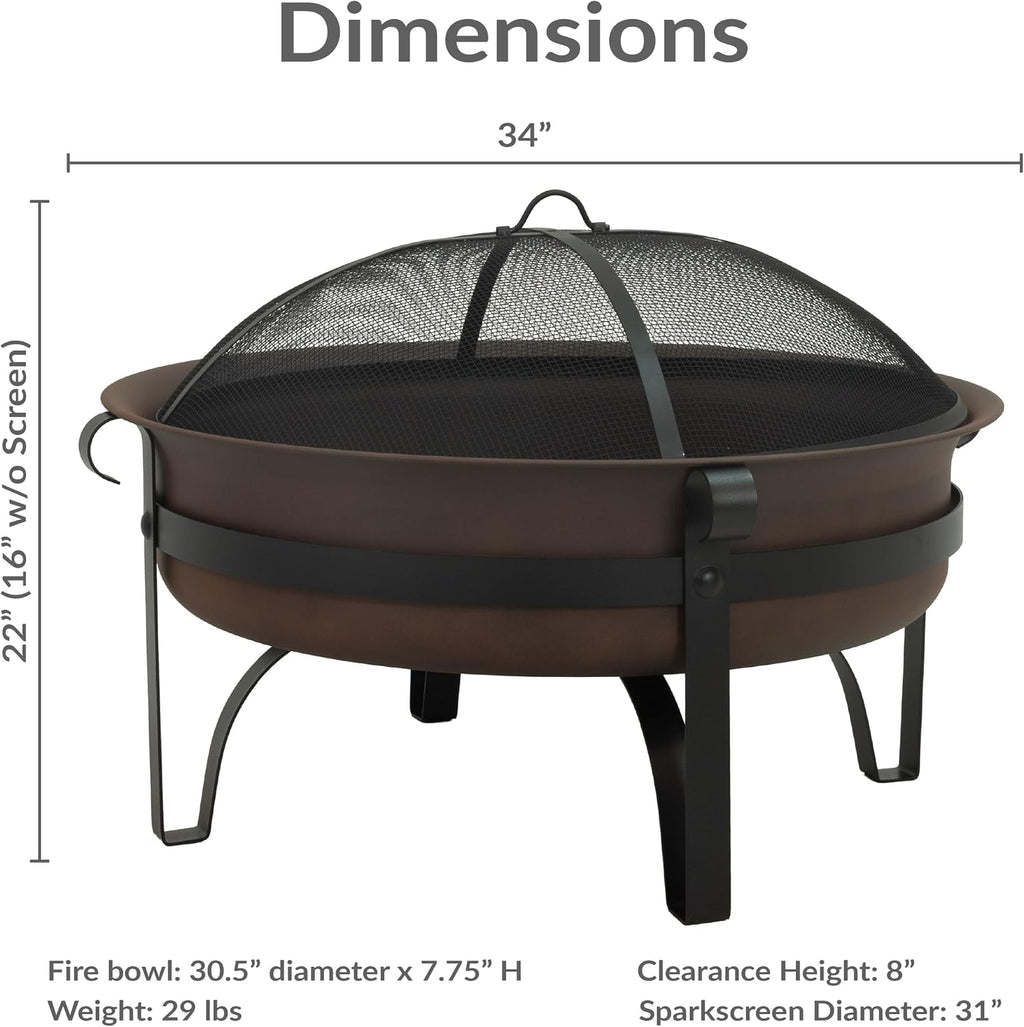 Sunnydaze Round Patio Fire Pit for Outside Wood Burning, Dark Bronze, 34"