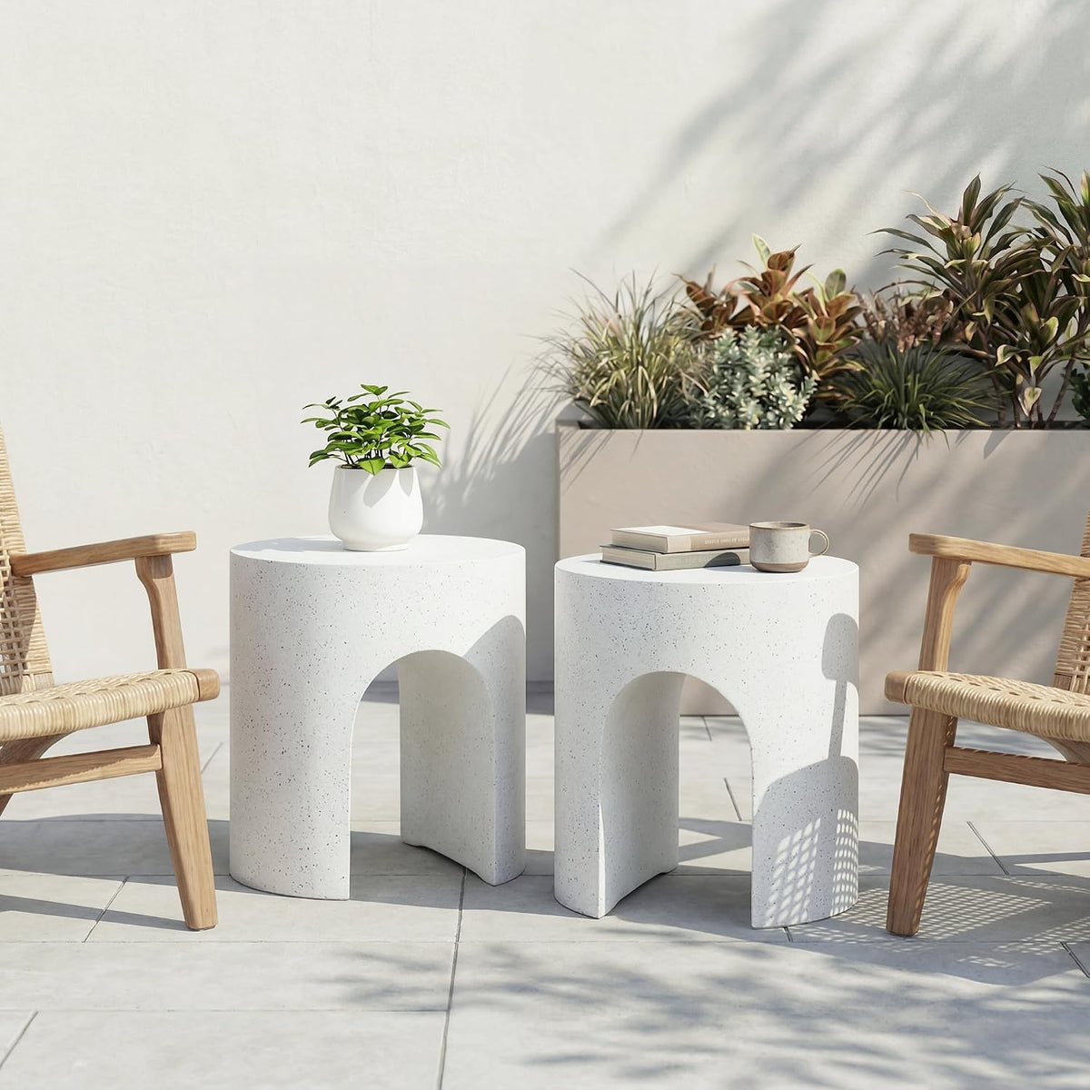 SUNBURY Outdoor Side Table, 16" W Concrete End Table Round w Arch Pedestal