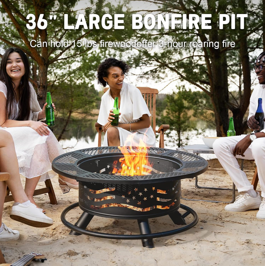 Panovue 36 Inch Fire Pit with 2 Cooking Grates, Grill Fire Pit with Lid