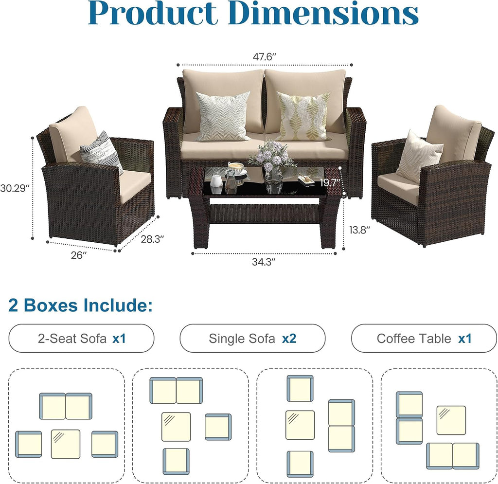 Solaste 4 Piece Patio Outdoor Furniture Sets,Patio Conversation Sofa Wicker Chair with Cushion,Hand Woven Rattan Sofa for Porch Backyard Outside Garden Lawn Yard,Brown