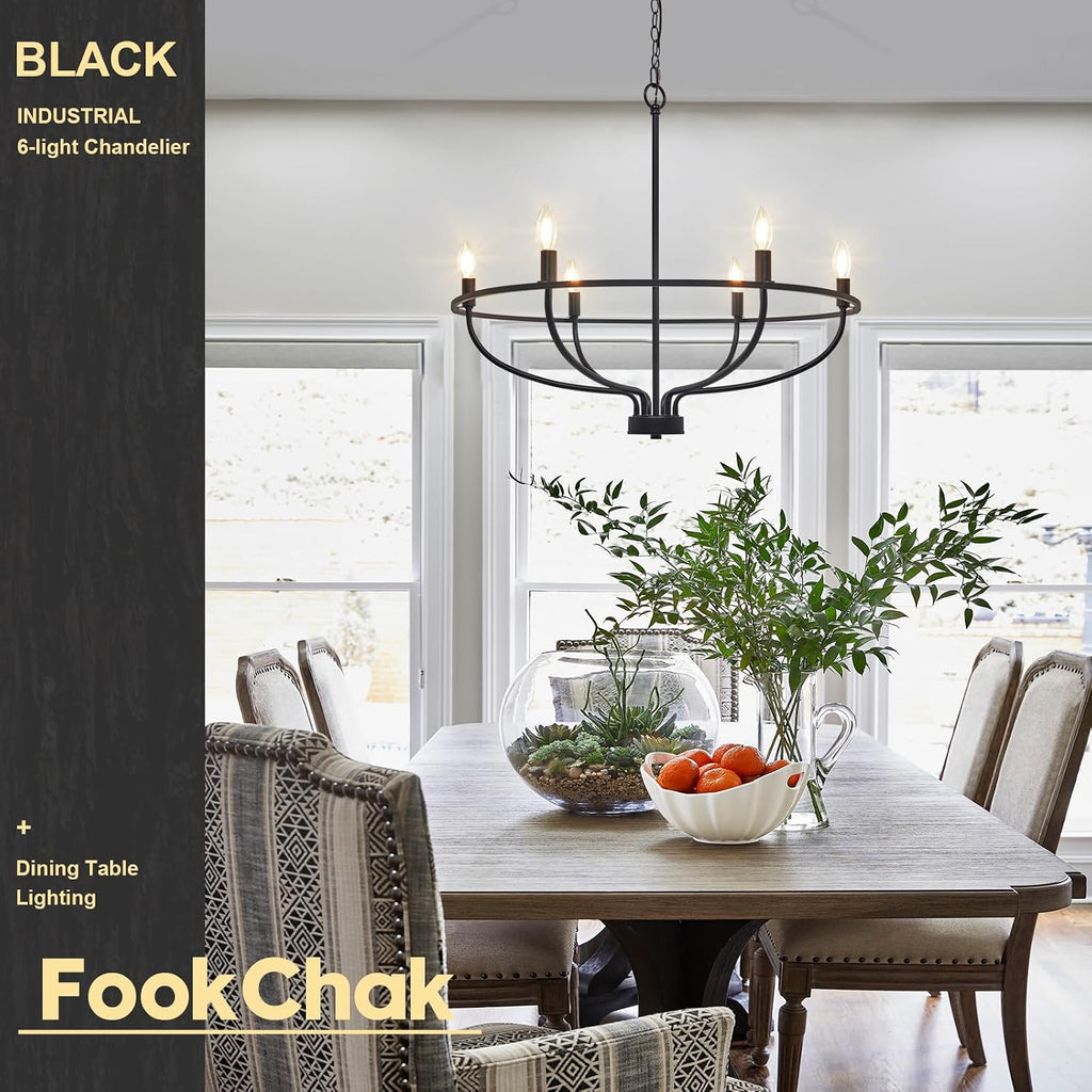 black farmhouse chandelier, 6-light dining room light fixture shown in use
