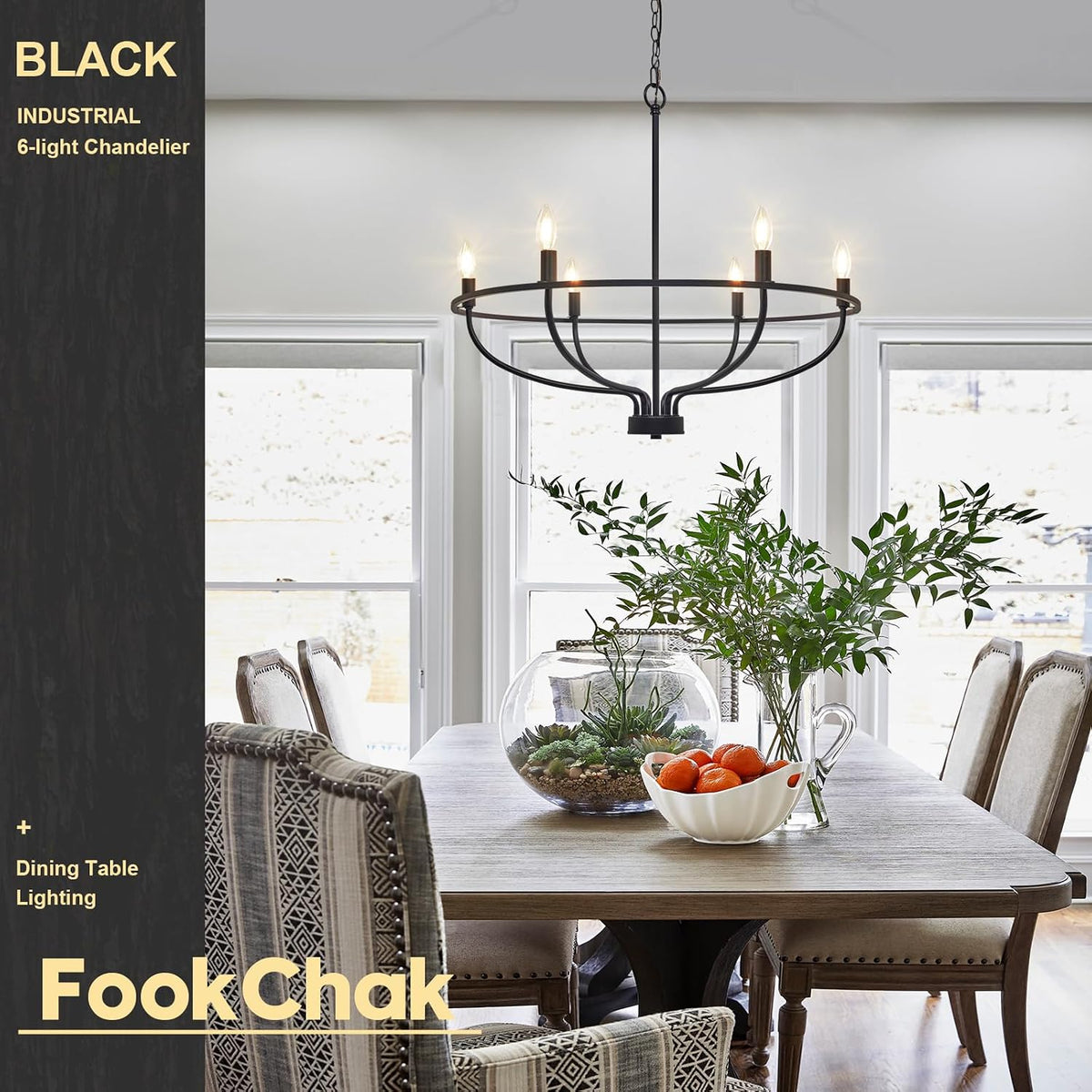 black farmhouse chandelier, 6-light dining room light fixture shown in use