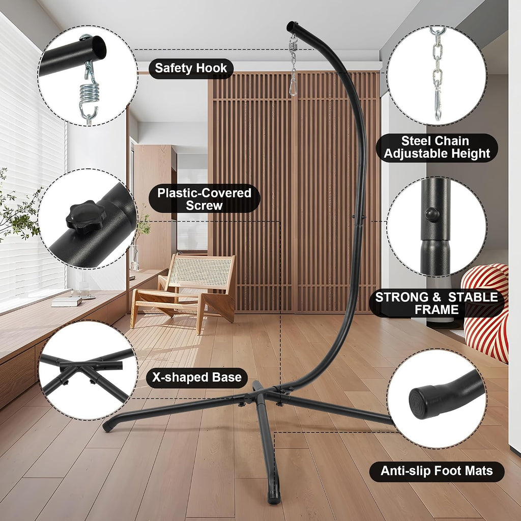 Elevon Hammock Chair Stand Only, Hanging Hammock Swing Stand for Outside with Buckle and Spring Hook, 400lb Capacity Heavy Duty Steel C-Stand with Stable Base for Egg Chair Outdoor Indoor (Black)