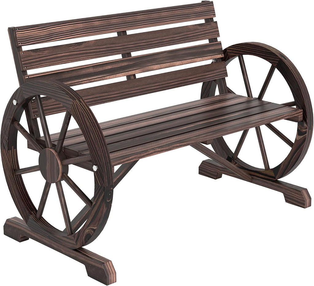 Outsunny 41" Wooden Wagon Wheel Bench Rustic Outdoor 2-Person Carbonized