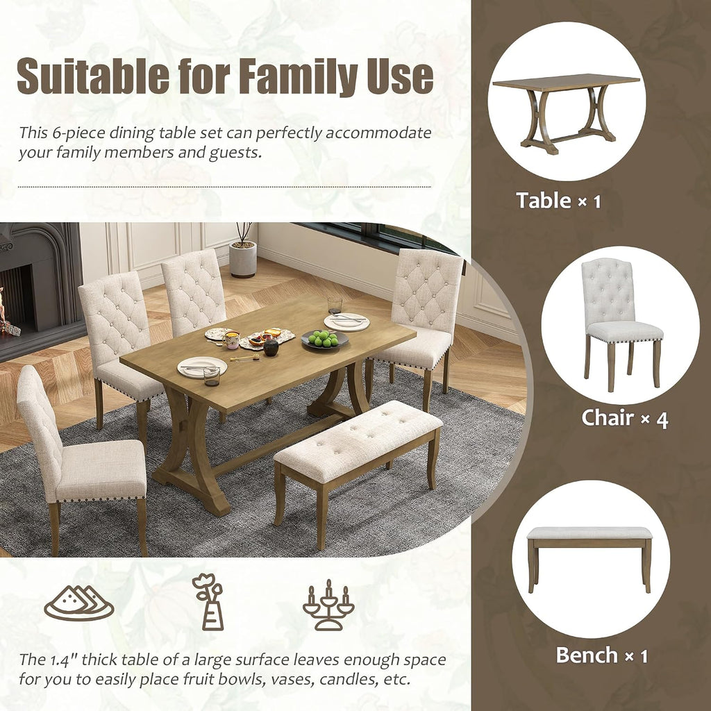 Harper & Bright Designs Classic and Traditional Style 6 - Piece Dining Set, Includes Dining Table, 4 Upholstered Chairs & Bench (White+Gray) (White+Gray) (Natural Wood Wash1)