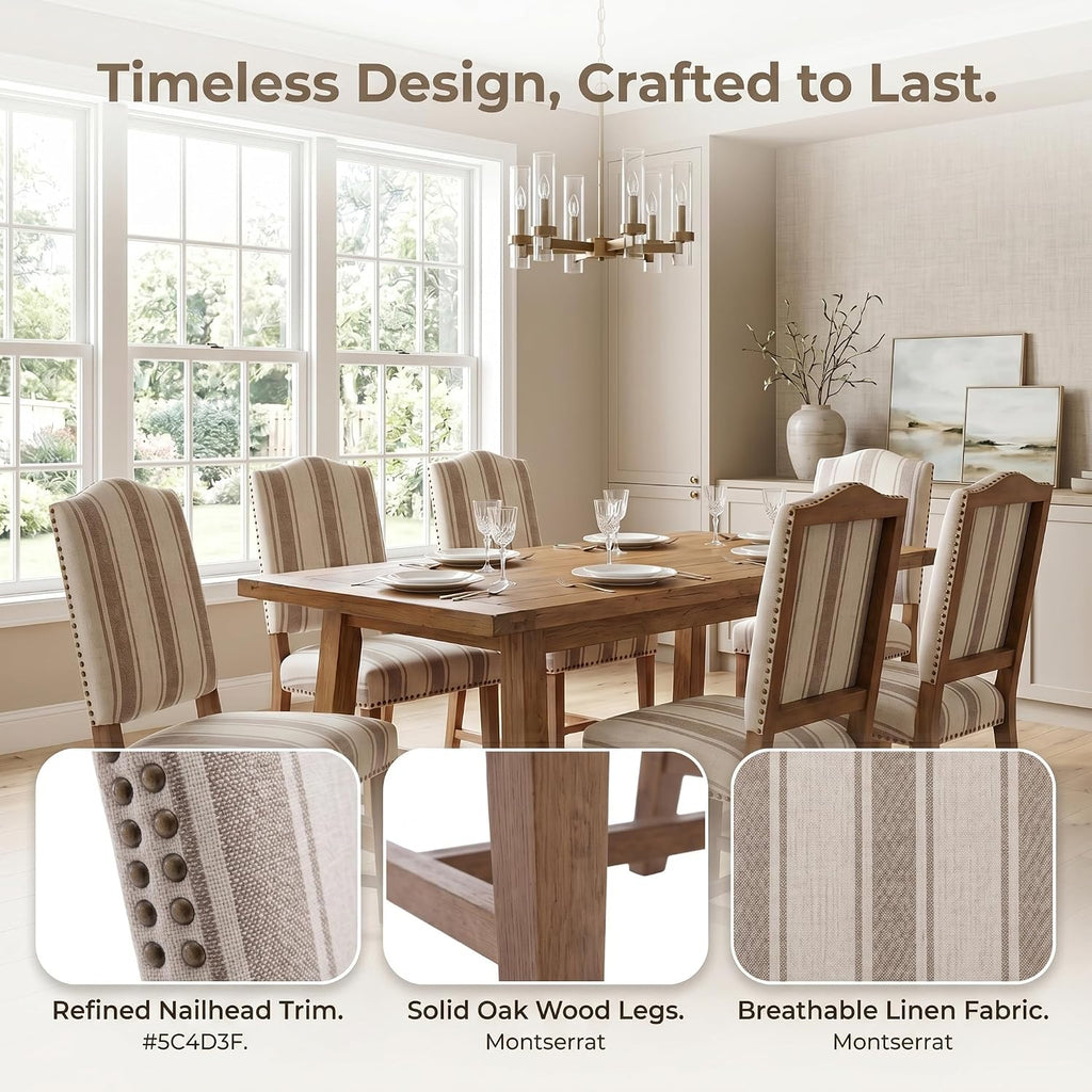 ROCITY Linen Dining Chairs Set of 6 Upholstered Farmhouse Dining Room Chairs Kitchen Side Chairs with Wooden Legs&Nailhead Trim, Beige with Stripe