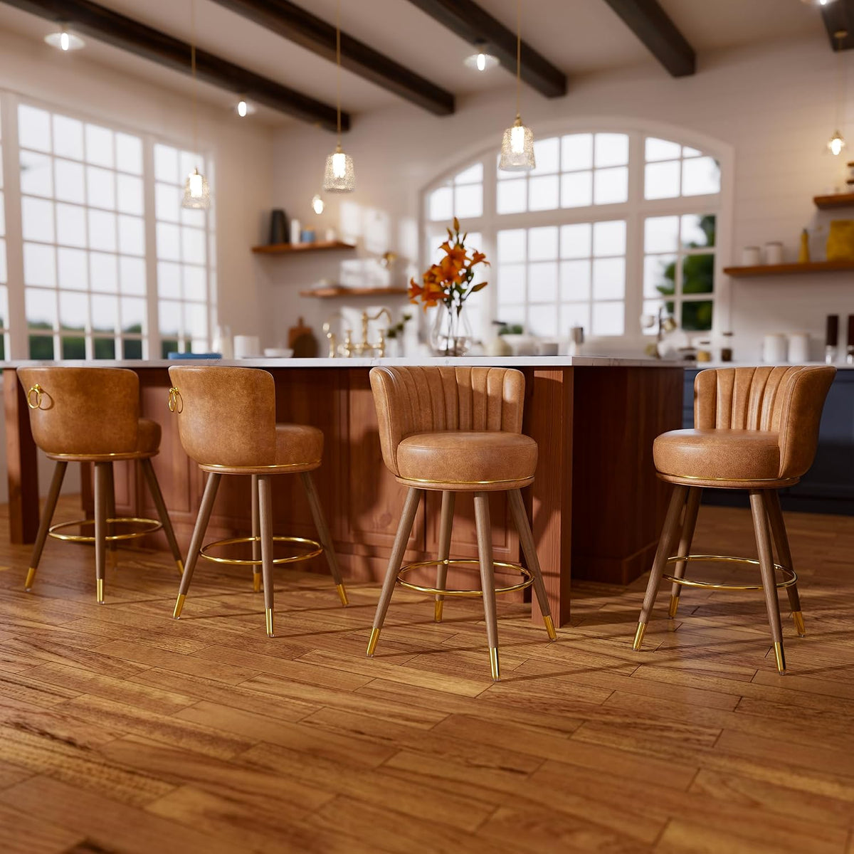 SeekFancy 24 Inch Brown Leather Swivel Counter Bar Stools Set of 2