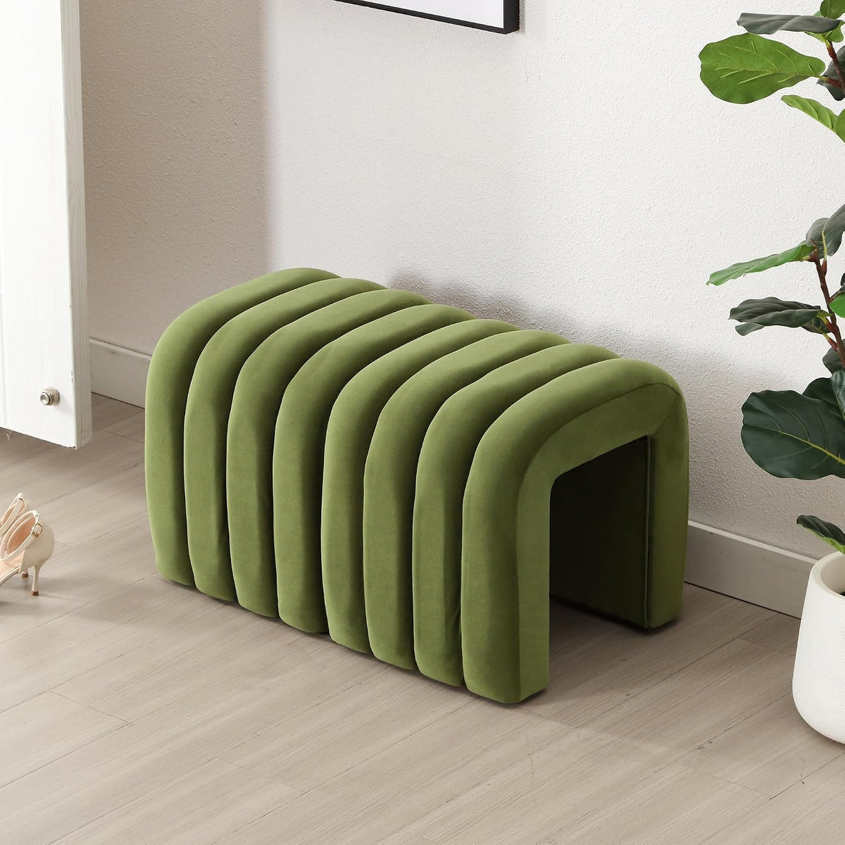 Olive Green Velvet Ottoman Stool, Small Vanity Stool