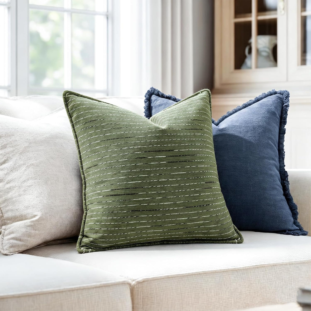 NUYECY Soft Chenille Decorative Large Pillow Covers 28x28 Set of 2,Green Neutral Couch Pillow Covers Striped Textured Farmhouse Pillowcases for Modern Home Decor Bed Sofa Living Room Bedroom