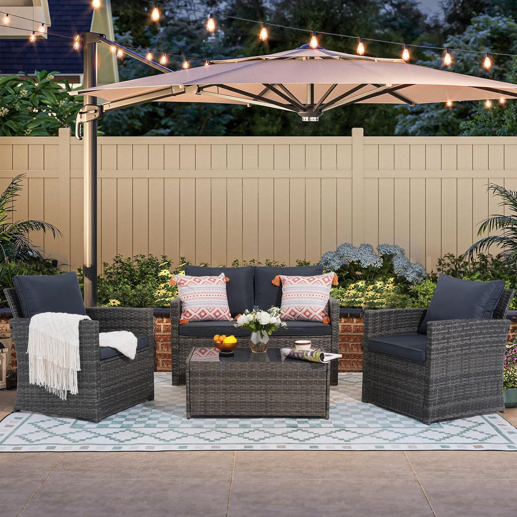 JOIVI 4 Piece Patio Furniture Set, Wicker Patio Conversation Set, Dark Gray