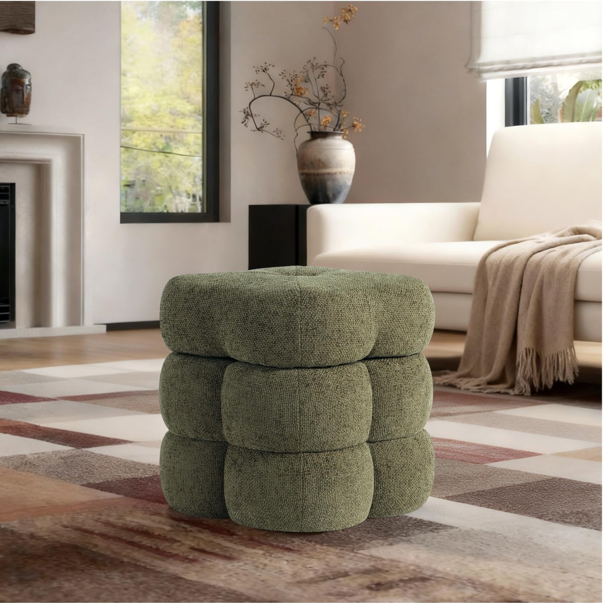 Get Set Style 360° Swivel Flower Ottoman, Linen Vanity Stool Footrest with 300LBS Capacity, No Assembly Small Space Accent Chair for Living Room Bedroom Entryway (Olive Green)