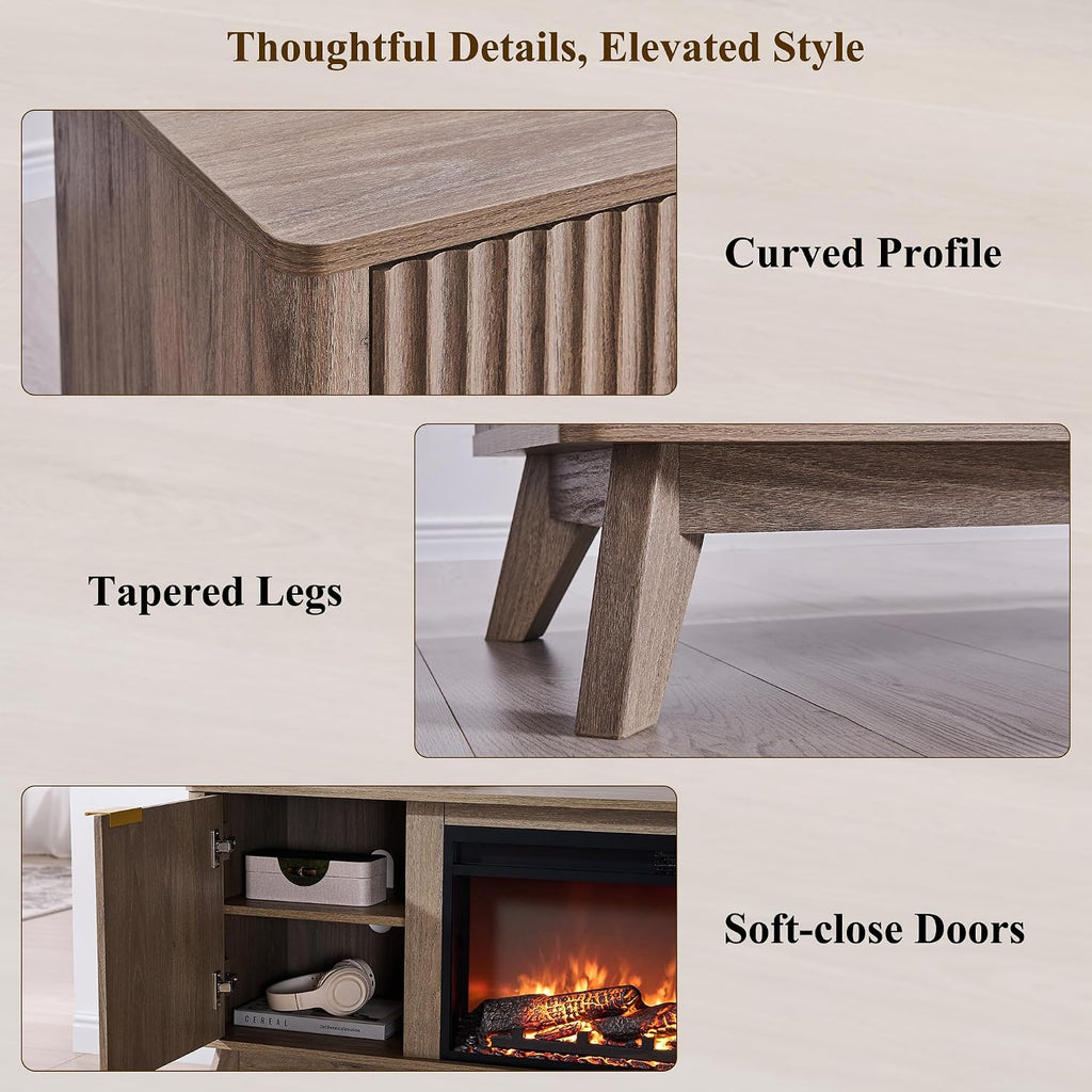 OKD 70" Fluted Fireplace TV Stand with 36" Electric Fireplace, Alder Grey
