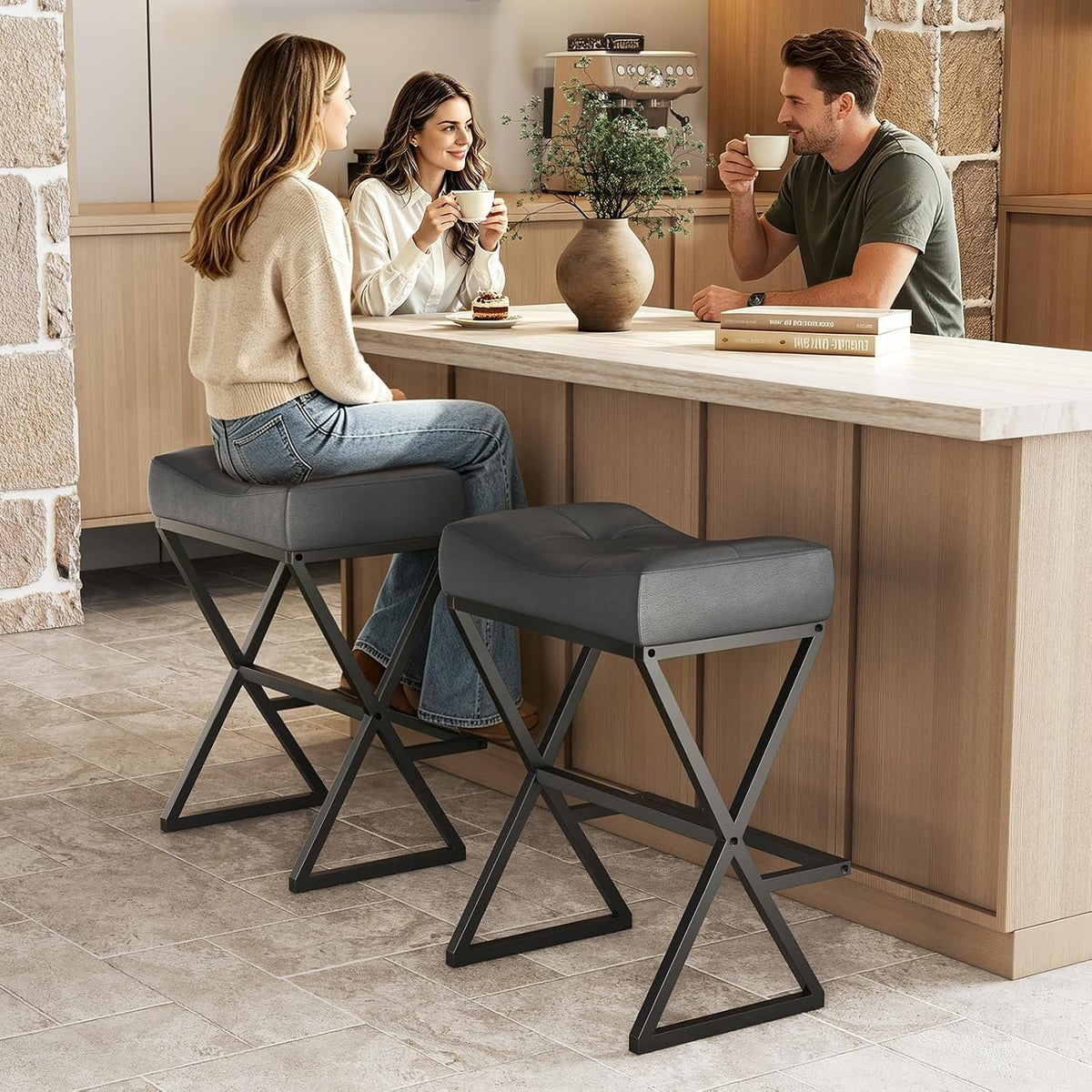 Counter Height Bar Stools Set of 2, Backless 26" Saddle Barstools, Grey