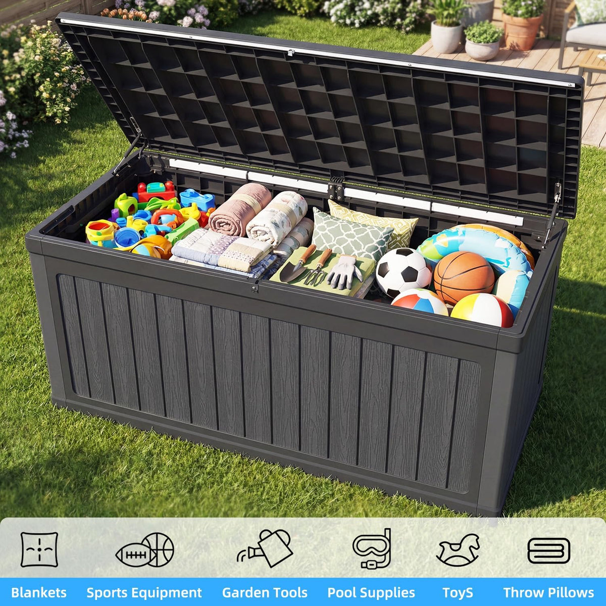 320 Gallon Outdoor Storage Deck Box, Waterproof Resin Deck Boxes with Handle & Lockable for Patio Furniture, Garden & Pool Tools -Swimming Pool, UV Resistant, Black (320)