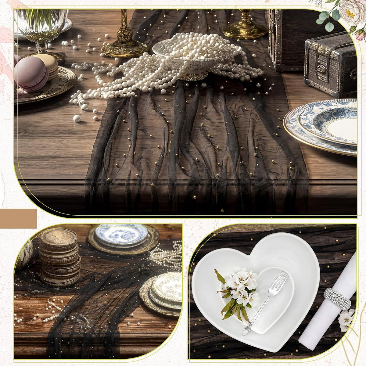 10 Pcs Halloween Black Pearl Gauze Table Runner 120 Inch 10ft