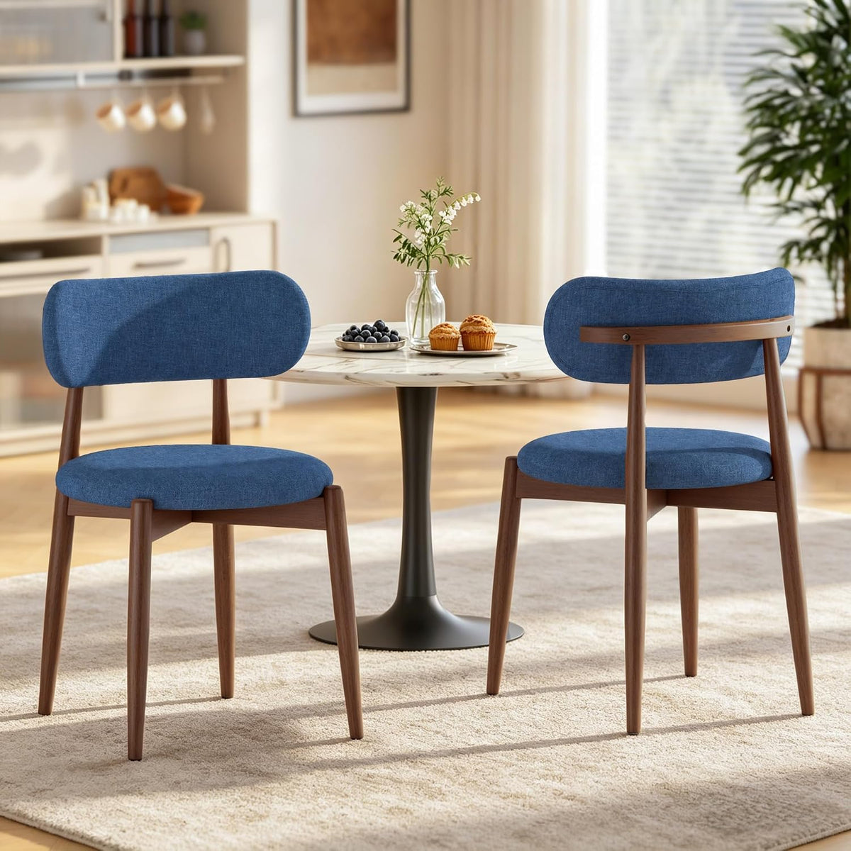Wooden Dining Chairs Set of 6, Mid Century Modern Upholstered Kitchen Chairs with Solid Wood Legs, 350lb Heavy Duty Padded Side Chairs for Dining Room & Vanity, Blue