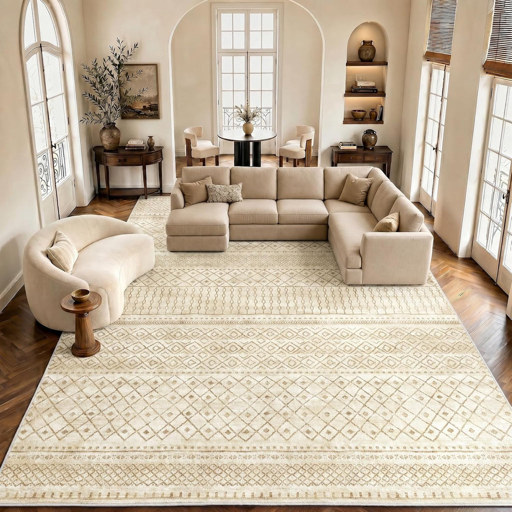 Amada Homefurnishing 9x12 Washable Area Rugs, Beige Boho Geometric Low-Pile Rug with Non-Slip Backing, Stain Resistance & Durable Edge Binding, Soft Indoor Carpet for Living Room, Bedroom, Dining Room