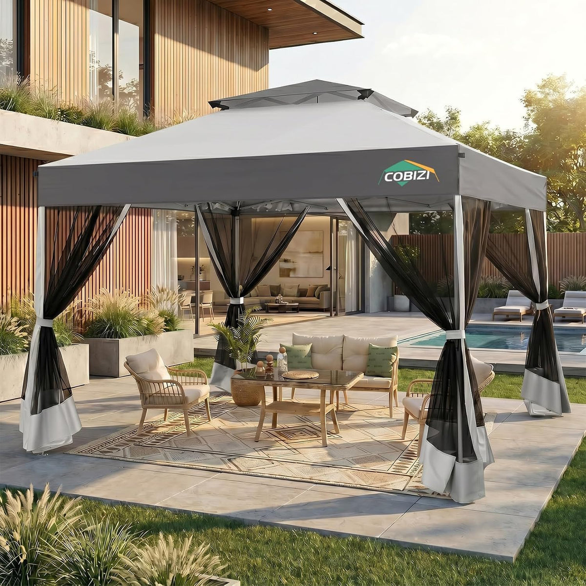 COBIZI 10x10 Pop Up Gazebo with Mosquito Netting,Double Roof,Dark Gray&Gray
