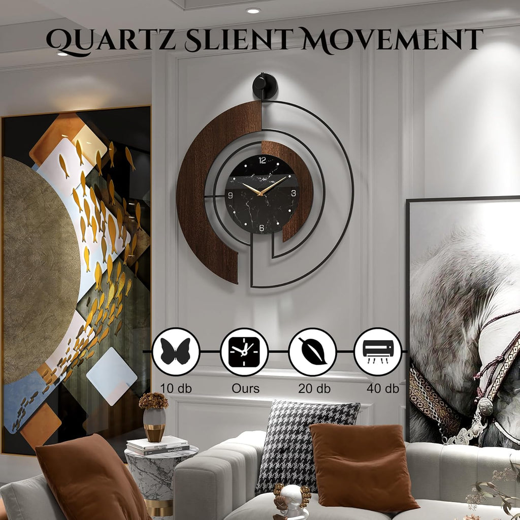 Modern Walnut Marble Dial Wall Clock, Large Wood Metal Frame Silent Non Ticking Wall Clocks for Living Room, Bedroom Decoration, Contemporary Home Wall Decor Gift Idea, 22 in