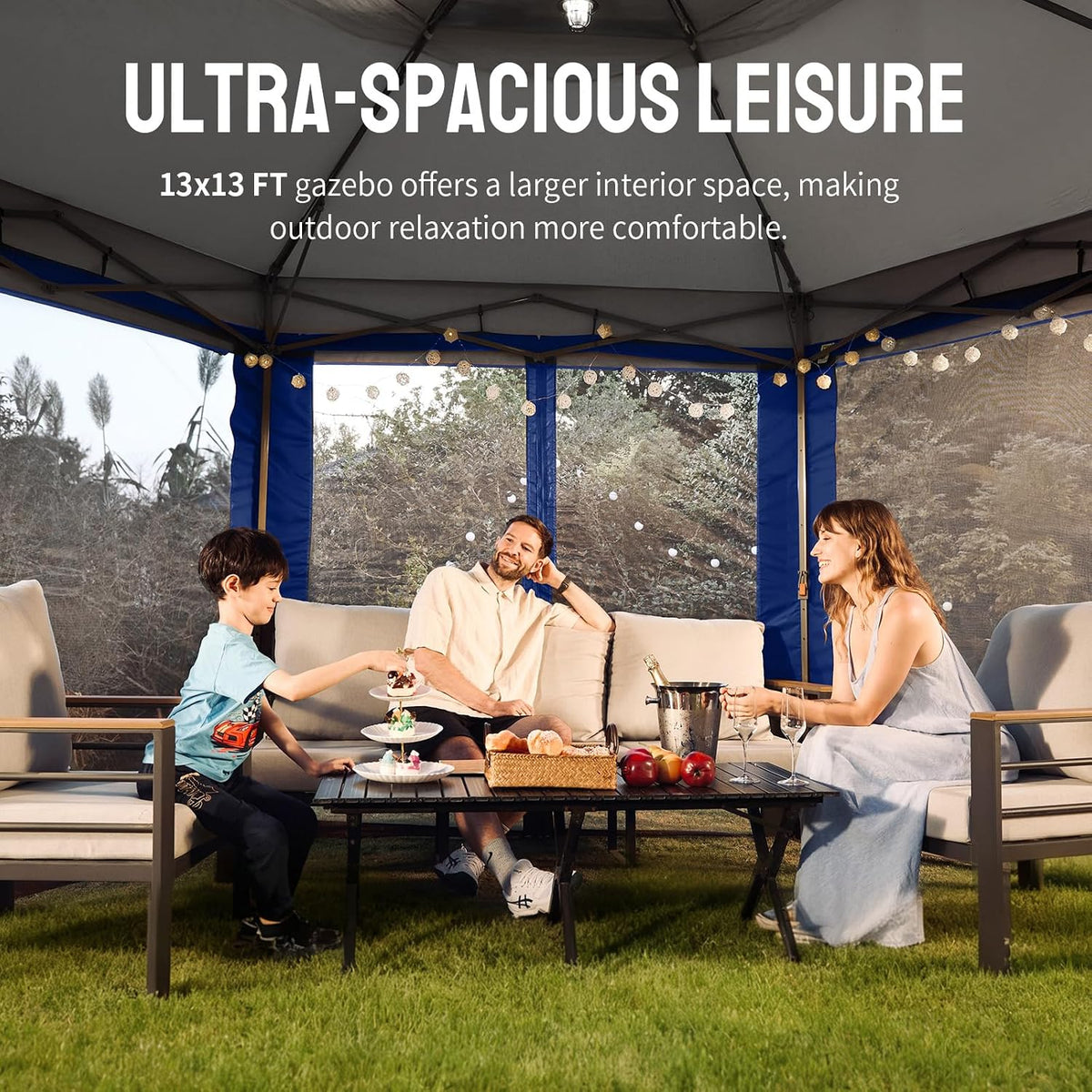 CROWN SHADES 13x13 Pop Up Gazebo with Mosquito Nettings, Blue&Gray
