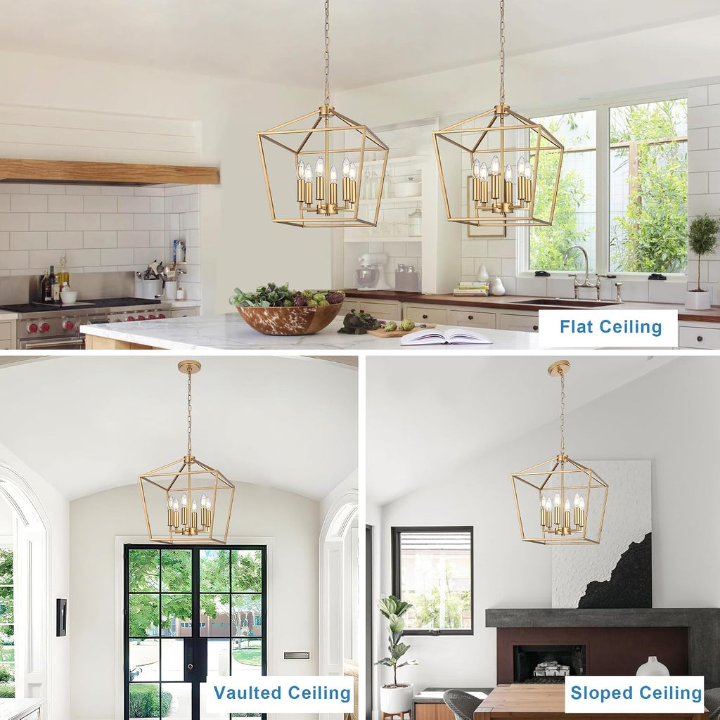 gold farmhouse chandelier, 6-light lantern pendant light fixture, side view